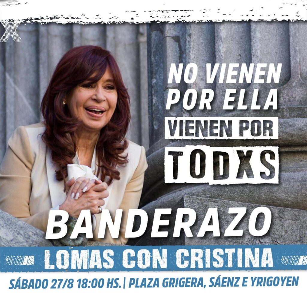 Banderazo en defensa de CFK el sábado en la plaza Grigera de Lomas